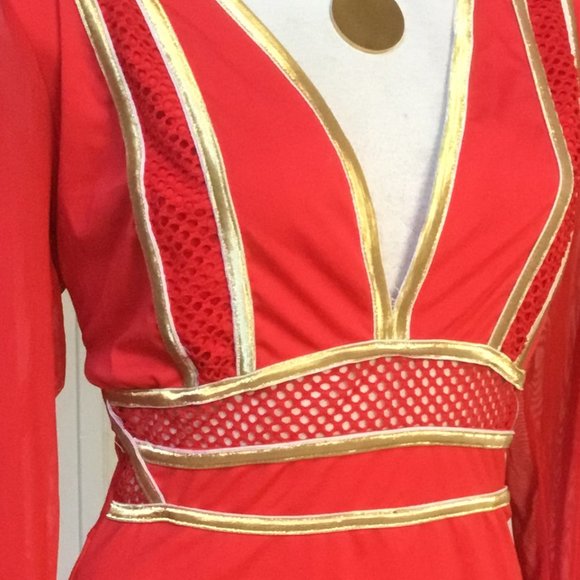 CBR Pencil Short Dress Mesh Long Sleeve Gold Trim V-Neck Bodycon Party Red XL - Picture 8 of 10